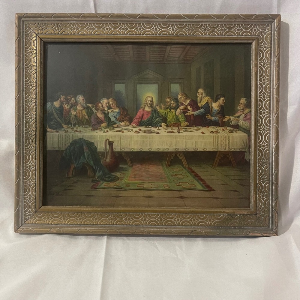 Vintage 1930s BRUNOZETTI Print The Last Supper Wood Glass Frame 12.5x10